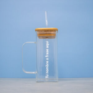 Vaso cuadrado de vidrio con tapa de bambú
